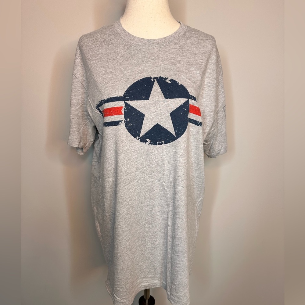 Sz L Grunt Style grey star air show aviation tshirt red blue